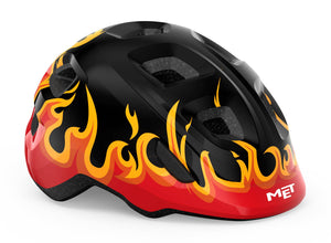MET Hooray Black Flames kids helmet.