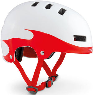 MET YoYo White Red Flames glossy white and red kids helmet.