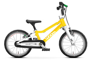 Woom GO 2 vibrant yellow 14 inch wheel ultralight children's bike.