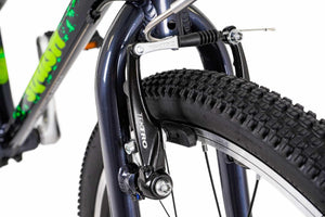 Squish 24 inch wheel dark grey and neon green boys 8 speed lightweight hybrid mountain bike.
