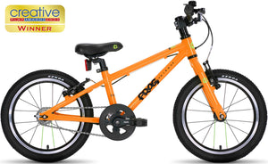 Award-winning Frog 44 orange 16 inch wheel lightweight hybrid mountain bike.