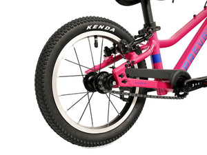 Rear section of Prevelo Alpha One pink 14 inch wheel ultralight children's bike.
