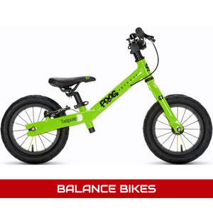  Balance bikes featuring a Frog Tadpole green balance bike. 