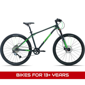  Bikes for 13+ years featuring a Frog MTB 72 metallic grey and neon green 26