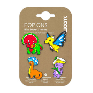 Set of 4 dinosaur-themed florassic park Woom POP ONS bike basket charms on header card.