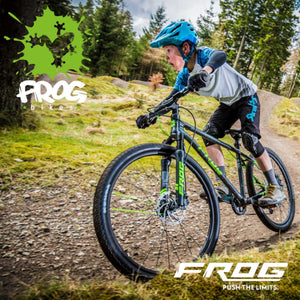  Experienced young mountain biker pushes the limits on his Frog MTB 62 mountain bike. 