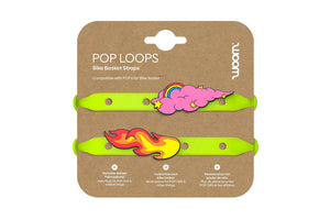 Woom POP LOOPS bike basket straps in grape green with two charms on header card