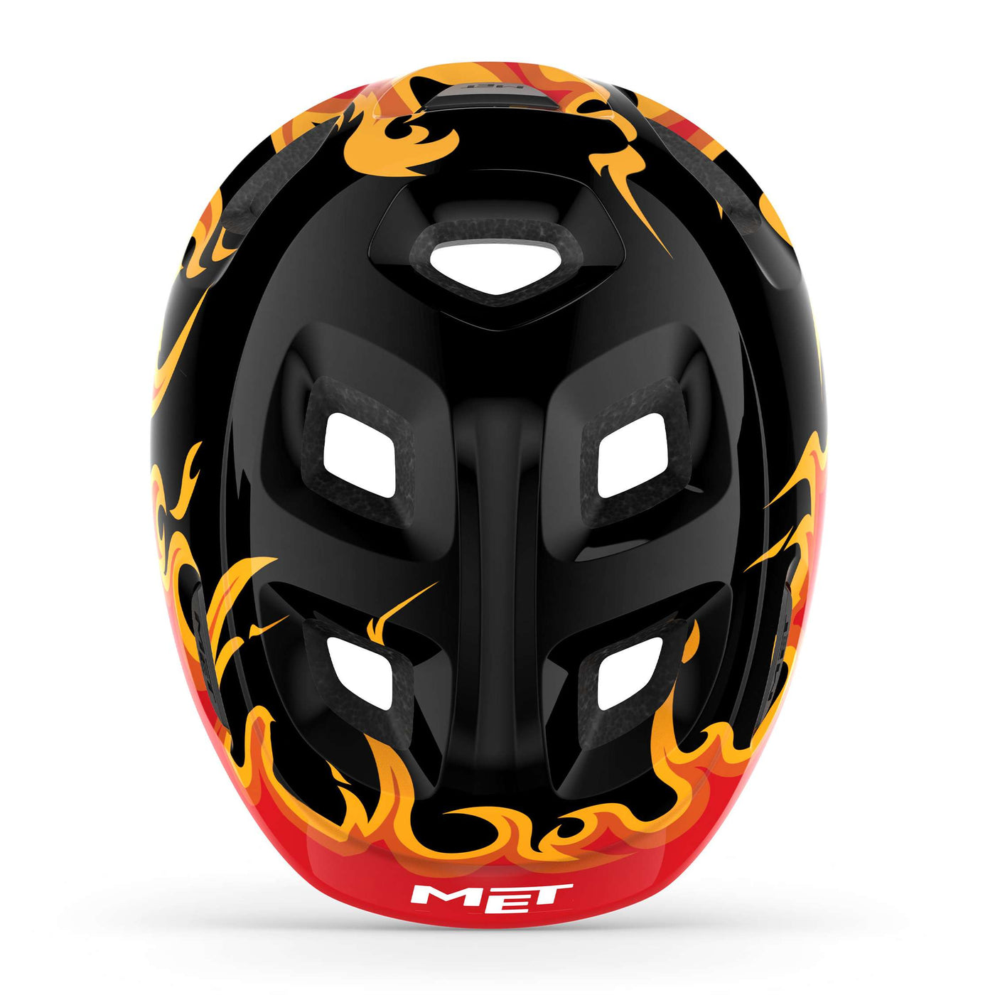 bike helmet with flames MET Hooray Black Flames Kids Helmet