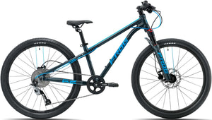 Frog MTB 62 grey/blue 24 inch wheel metallic grey and neon blue 9 speed lightweight front suspension mountain bike.