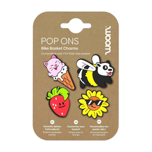 Set of 4 summer vibe Woom POP ONS bike basket charms on header card.