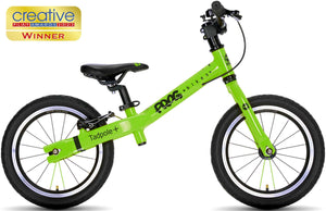 Award-winning Frog Tadpole Plus green 14 inch wheel lightweight balance bike.