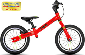 Award-winning Frog Tadpole Plus red 14 inch wheel lightweight balance bike.