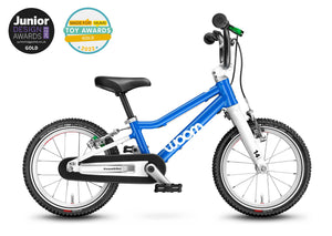 Award winning Woom 2 sky blue 14 inch wheel ultralight children's bike.