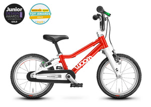 Award winning Woom 2 red 14 inch wheel ultralight children's bike.