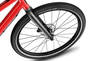 Woom EXPLORE 5 quick-release aluminium front wheel with sealed bearing hub and Schwalbe Billy Bonkers tyre.