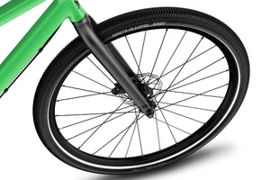 Woom EXPLORE 6 quick-release aluminium front wheel with sealed bearing hub and Schwalbe Billy Bonkers tyre.