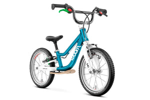 Woom GO 1 PLUS metallic blue 14 inch wheel ultralight children's balance bike.