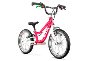 Woom GO 1 PLUS hot pink 14 inch wheel ultralight children's balance bike.