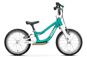 Woom GO 1 PLUS metallic turquoise 14 inch wheel ultralight children's balance bike.
