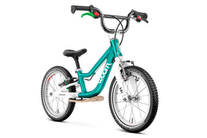Woom GO 1 PLUS metallic turquoise 14 inch wheel ultralight children's balance bike.