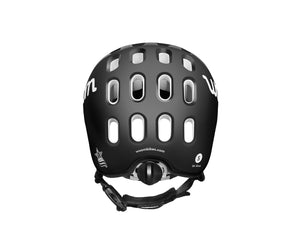 Rear view of the Woom matt black kids helmet showing the size-adjustment dial.