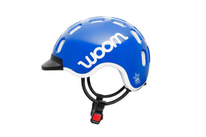 Woom sky blue kids helmet anti-twist round straps for maximum comfort.