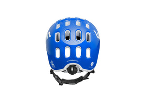 Rear view of the Woom sky blue kids helmet showing the size-adjustment dial.