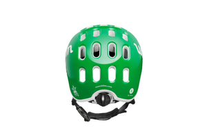 Rear view of the Woom green kids helmet showing the size-adjustment dial.