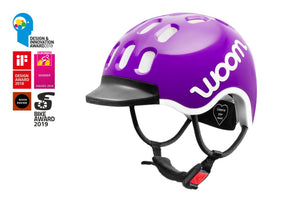 Award-winning Woom purple haze kids helmet.