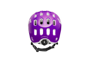 Rear view of the Woom purple haze kids helmet showing the size-adjustment dial.