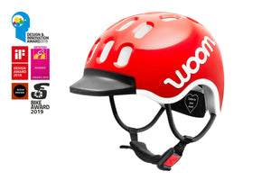 Award-winning Woom red kids helmet.