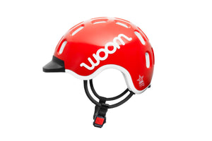 Woom red kids helmet anti-twist round straps for maximum comfort.