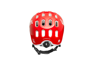 Rear view of the Woom red kids helmet showing the size-adjustment dial.