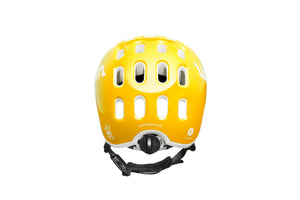 Rear view of the Woom sunny yellow kids helmet showing the size-adjustment dial.