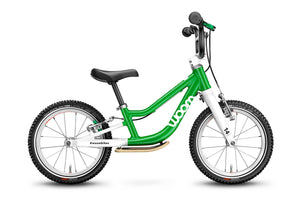 Woom 1 PLUS green 14 inch wheel ultralight children's balance bike.