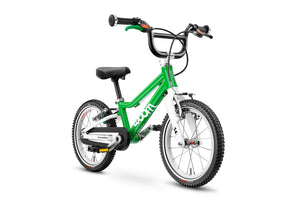 Woom 2 green 14 inch wheel ultralight children's bike.