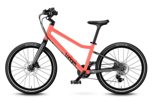 Woom EXPLORE 4 neon coral 20 inch wheel 7-speed ultralight hybrid bike.