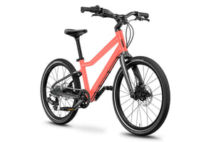 Woom EXPLORE 4 neon coral 20 inch wheel 7-speed ultralight hybrid bike.