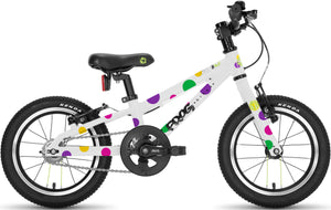 Frog 40 spotty 14 inch wheel white with multi-coloured spots design lightweight hybrid mountain bike.