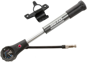 Beto dual function 2 in 1 black and anodized anthracite alloy shock pump with pressure gauge and bracket.