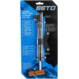 Beto Classic twist-lock anodized anthracite aluminium and wood mini pump with bracket on header card.
