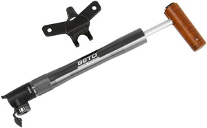 Beto Classic twist-lock anodized anthracite aluminium and wood mini pump with bracket.