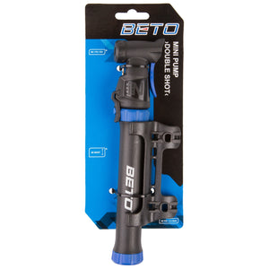 Beto double shot black and blue mini pump with bracket on header card.