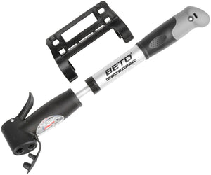 Beto double shot dual head black and silver alloy mini pump with pressure gauge and bracket.