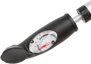 Beto double shot dual head black and silver alloy mini pump with pressure gauge.