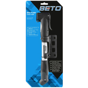 Beto double shot dual head black and silver alloy mini pump with pressure gauge and bracket on header card.