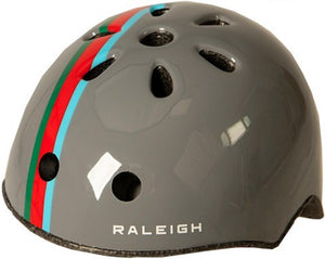 Raleigh Pop glossy grey, red, blue and green kids helmet.