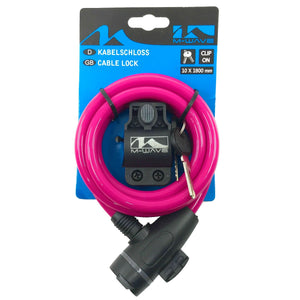 M-Wave 10mm x 1800mm pink spiral cable lock complete with bracket and keys.
