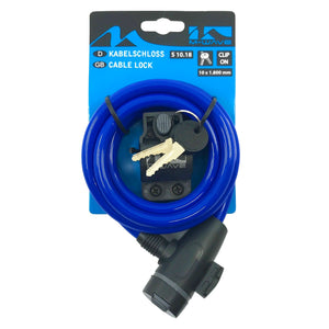 M-Wave 10mm x 1800mm blue spiral cable lock complete with bracket and keys.