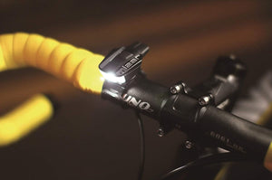 Moon Mizar rechargeable USB front light on bicycle.